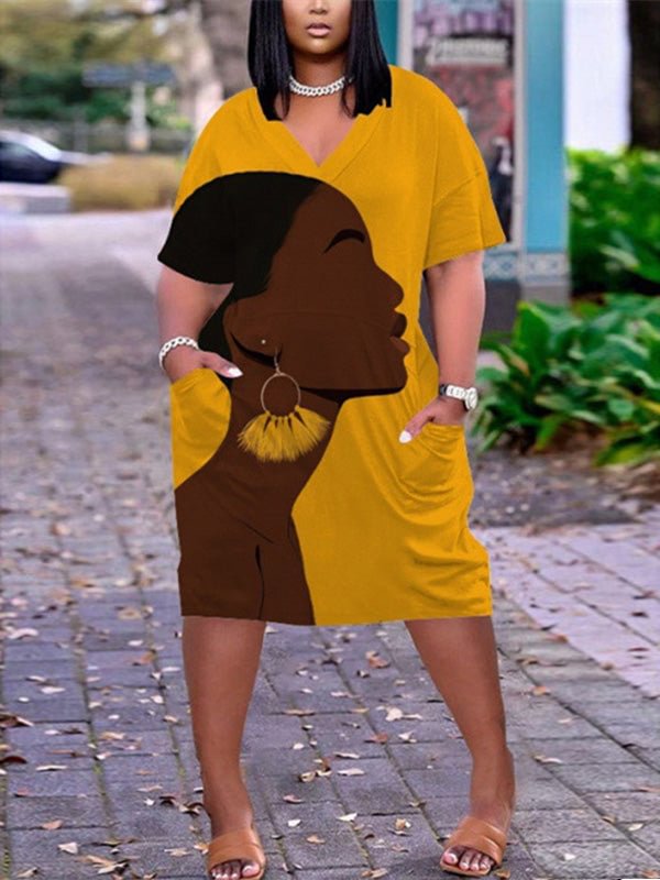Women's Yellow Plus Size V-neck Mid-sleeve Dress