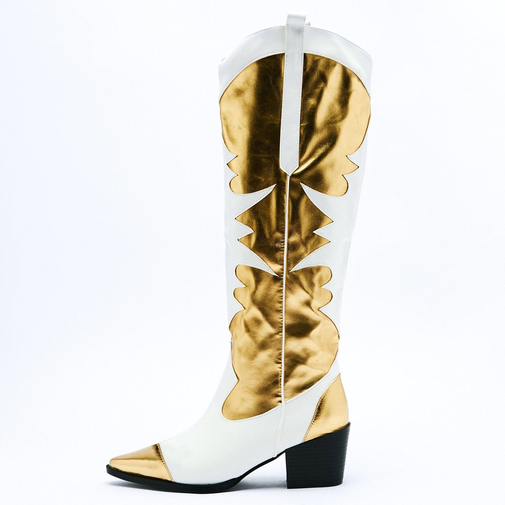 White Leather Knee Boots Gold Print Pointed Toe Boots Nicepairs