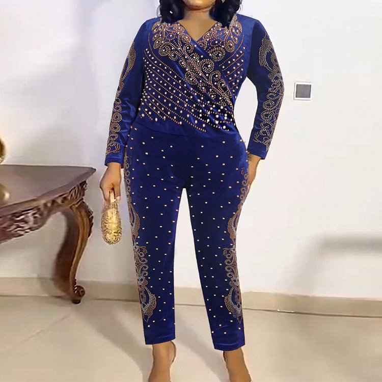 African Americans fashion QFY Elegant Woman Jumpsuit For Wedding Party Long Sleeve Velvet Rompers African Pants Set Dubai Turkey Luxury Beads Clothing Wear Ankara Style QueenFunky