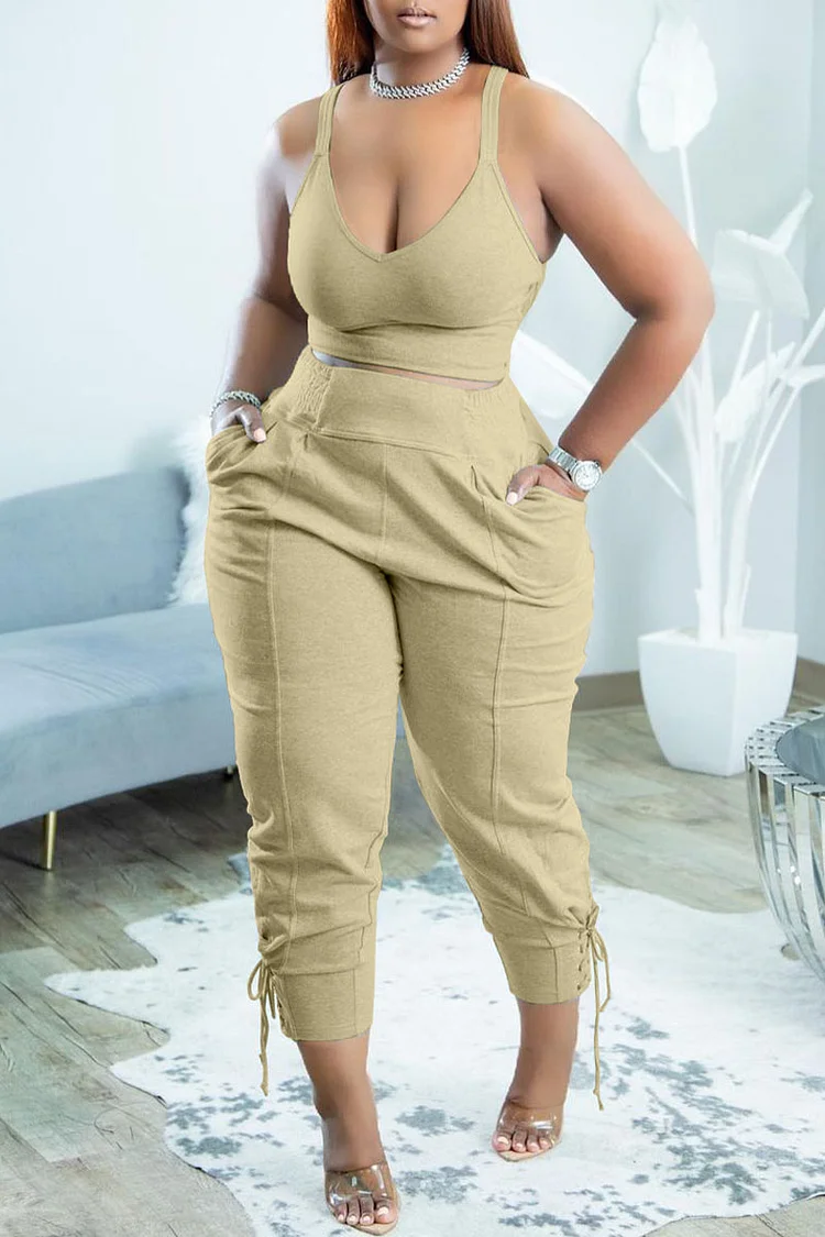 Khaki Casual Sportswear Simplicity Solid Bandage Vests Spaghetti Strap Sleeveless Two Pieces