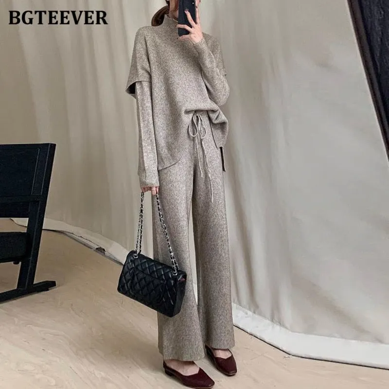 BGTEEVER Winter 3 Pieces Sweater Set Women Half Turtleneck Vest & O-neck Pullovers & Lace-up Loose Pants 2020 Female Knitted Set