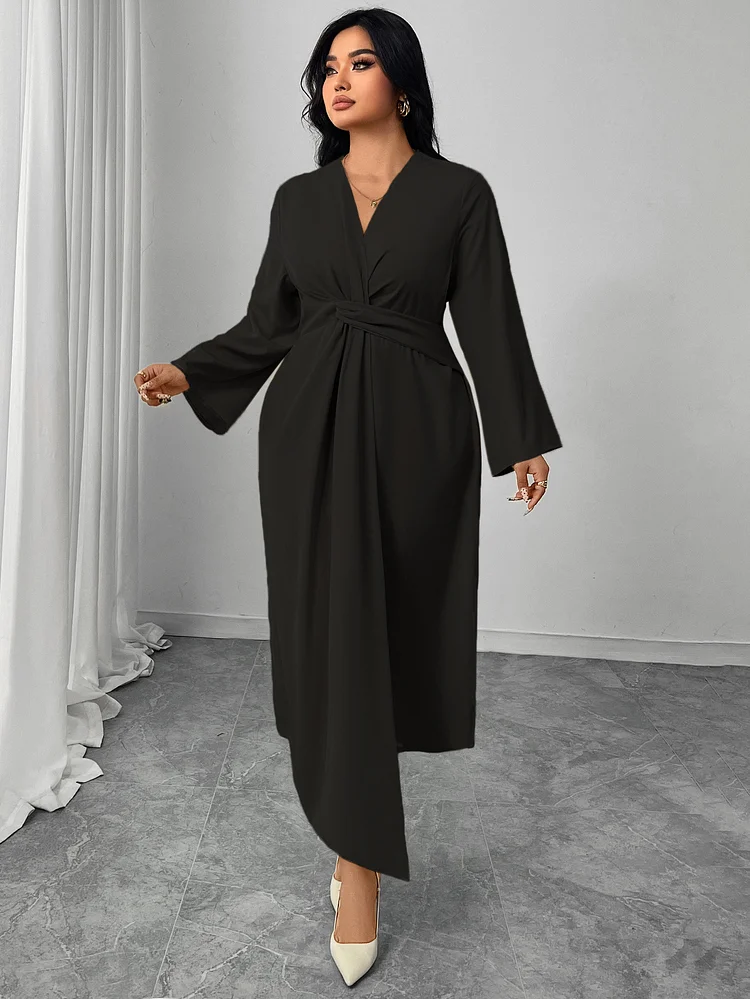 Elegant Waist-Slim Dress: Long Sleeves + Irregular Hem | Black & More Colors for Spring💫