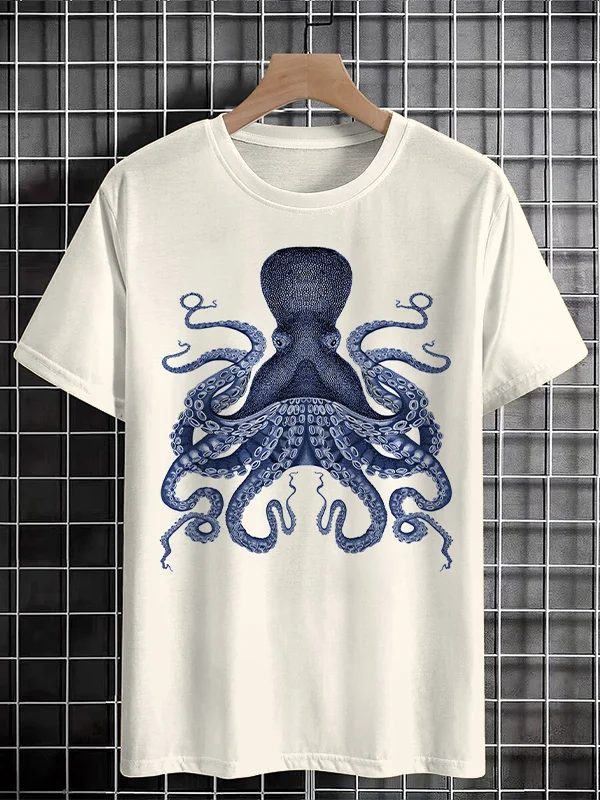 <💯Cotton> Men's Japanese Art Octopus Graphic Printed Cotton Casual T-Shirt
