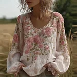Bohemian Style Pink Floral Design V-neck Long-sleeve Top1 - Image 2