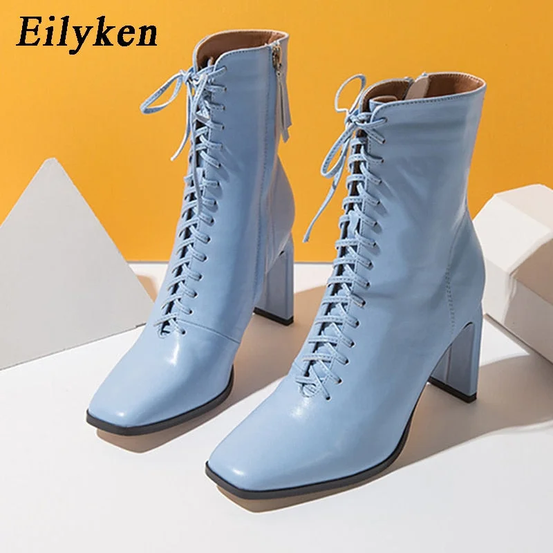 Eilyken Size 35-42 Women Square Head Ankle Boots Fashion Cross Strap Square High Heels Winter Shoes Zipper Office Lady Boots