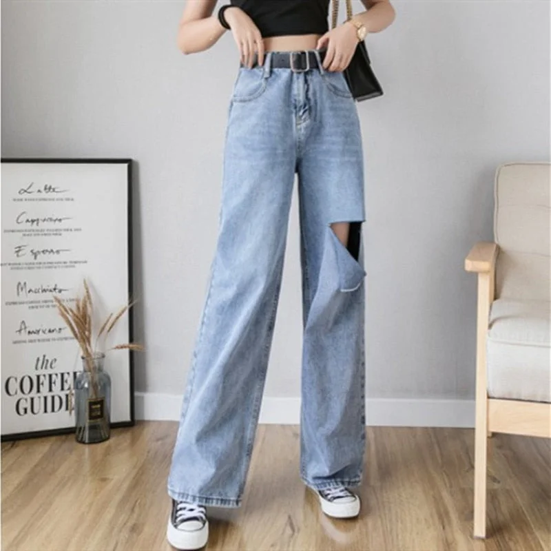 Woman Jeans High Waist Ripped Jeans Autumn Winter For Clothes Wide Leg Denim Clothing Blue Streetwear Fashion Vintage Pants