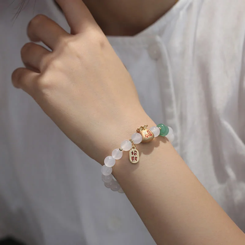 White Agate Red Agate Money Bag Fu Character Four Leaf Clover Protection Charm Bracelet