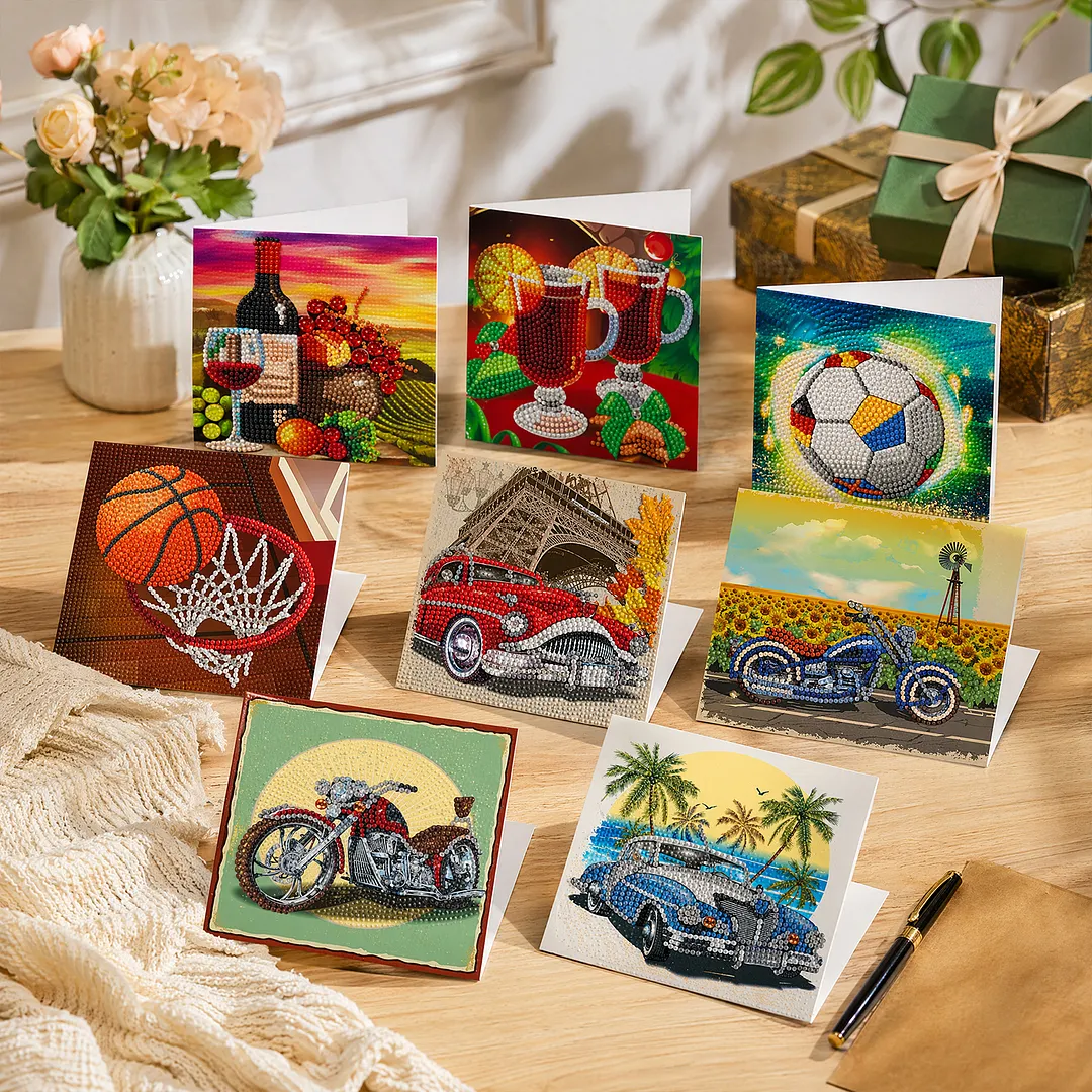 8PCS Cars and Balls DIY Diamond Painting Greeting Card Kits with Envelopes Diamond Art Greeting Cards Diamond Art Cards Kits for Adults DIY Crafts Family Friend Gifts