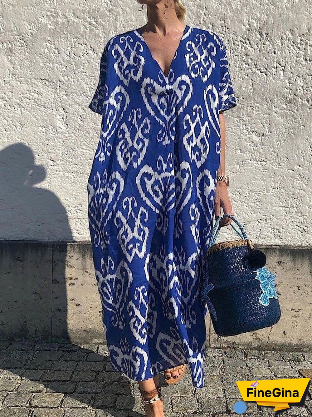 Vintage Blue Print Short Sleeve Maxi Dress