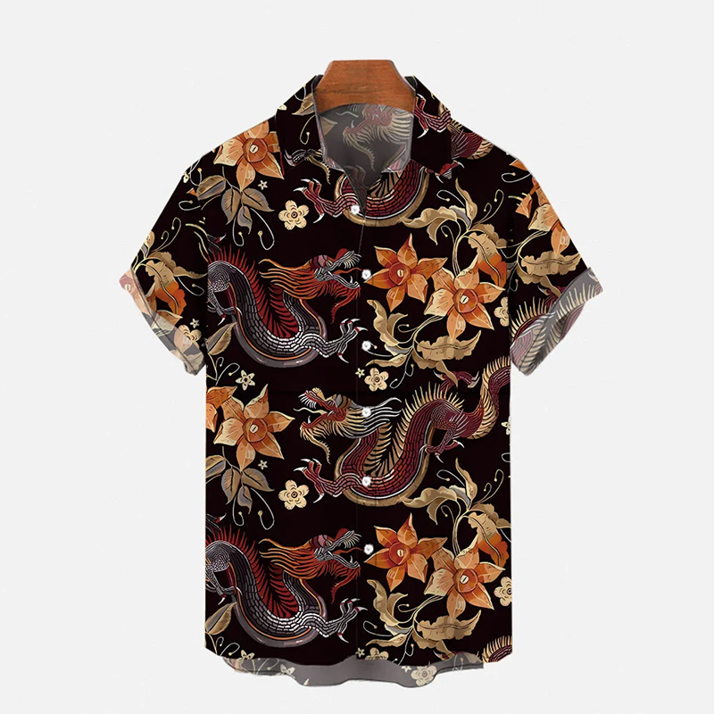 Retro Mysterious Oriental Auspicious Dragon And Flower Printing Art Linen Blend Cozy Shirt