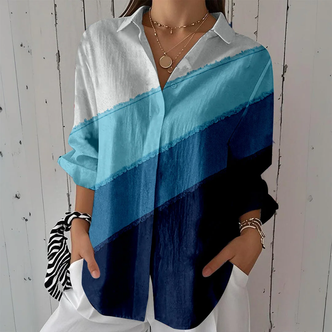 Style & Comfort for Mature Women Women Striped, Blue, Patchwork DZCL0050 3/4 Sleeve Shirt Collar Printed Button Tops