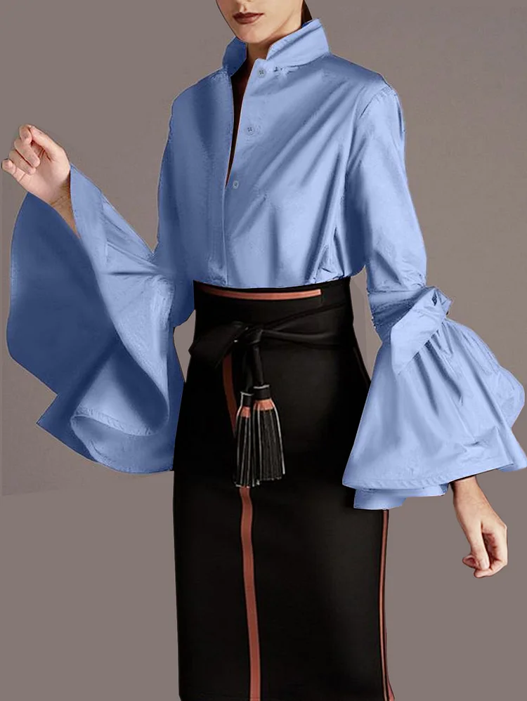 Elegant Plain Mock Neck Tie Arm Trumpet Sleeve Shirt