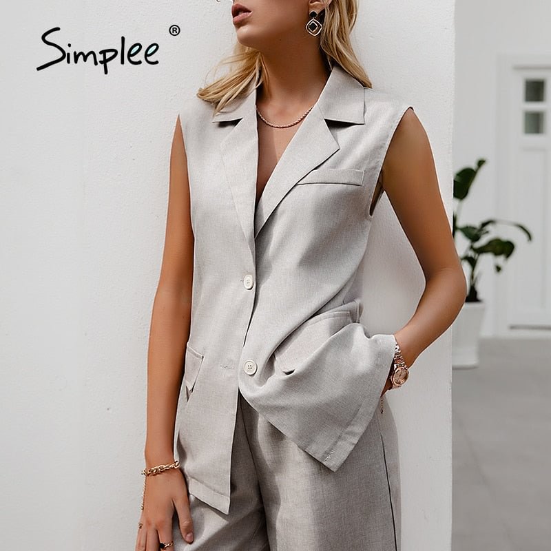 Simplee Gray sleeveless woman suits Summer casual loose suit Chic suit collar woman sets Sleeveless top high waist pants suit