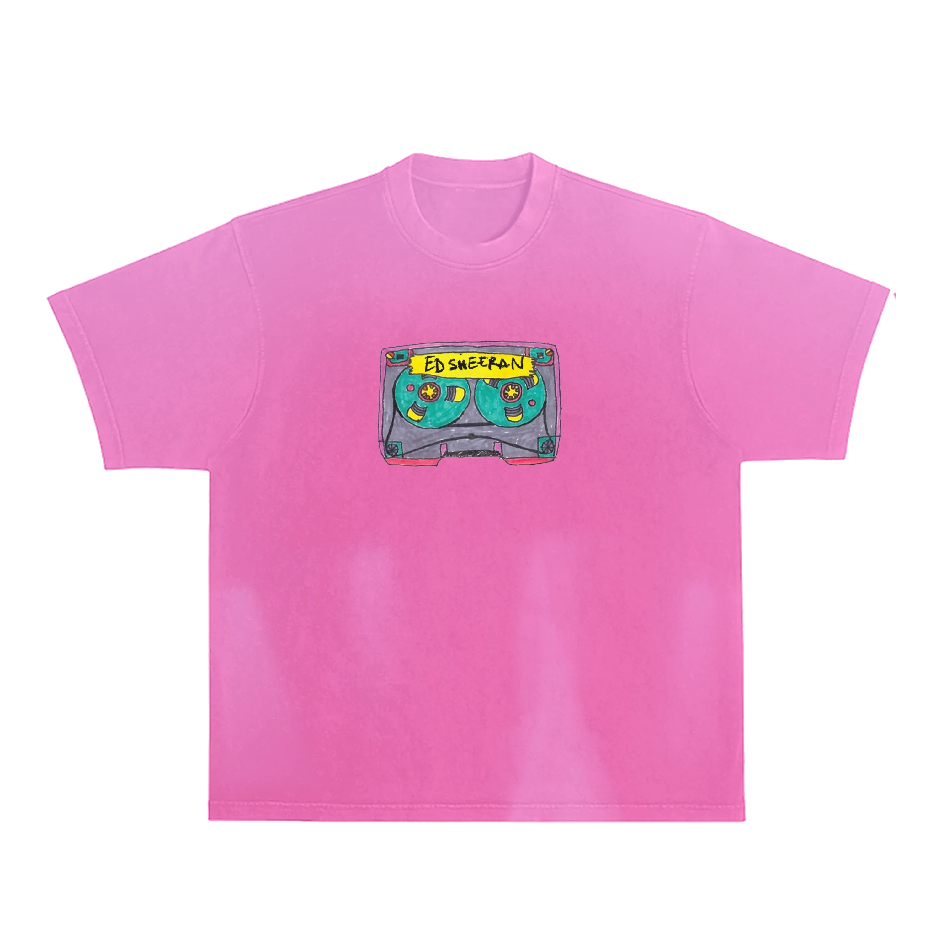"ed sheeran pink graphic t shirt with cassette tape design"
