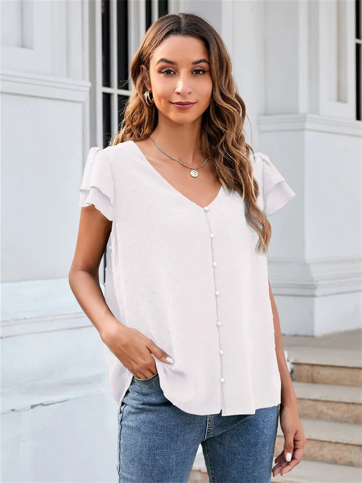 Women's Ruffle Short-sleeved V-neck Buckle Europe and The United States Solid Color Chiffon Jacquard Shirt White Pink Green Black Blue