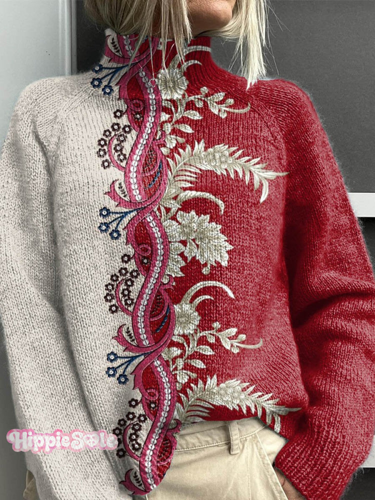 Women’s Vintage Lovely Floral Art Print Knit Turtleneck Pullover Sweater Multicolor / S