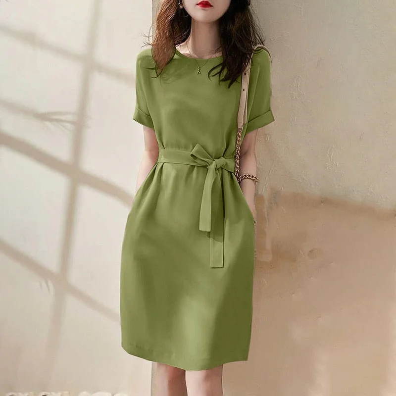 Women's Summer Sundress Belted ZANZEA 2022 Elegant Solid Dress Short Sleeve Knee Length Vestidos Female Basic Robe Oversized