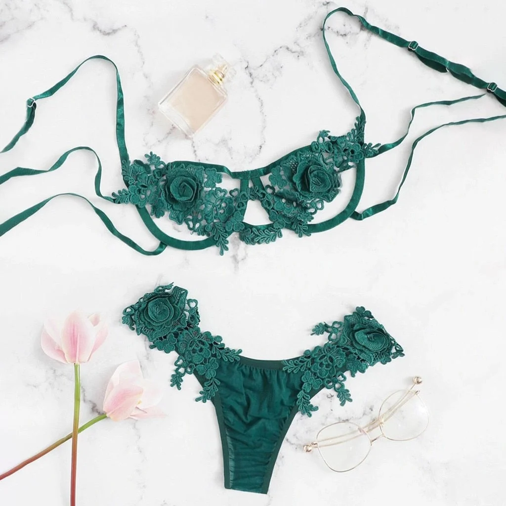 Green Floral Appliques Bra Underwear Set Women Lace Sexy Lingerie Intimates Hot Erotic Push Up Ladies Bra Briefs Set Hollow Out