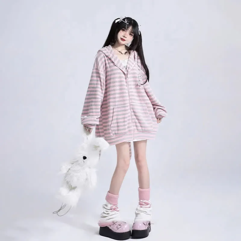 Long Bunny Ears Pocket Oversize Zipper Hooded Sweatshirt