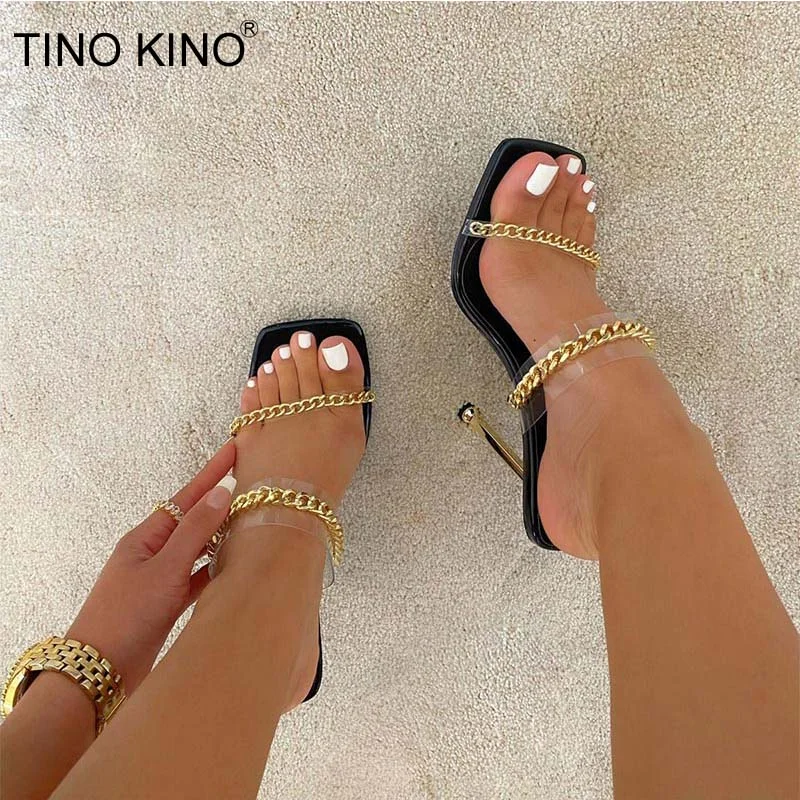 Women Slippers Sandals Chain Ladies High Heels Square Toe PU Shoes Summer Pumps Woman Plus Size Footwear Fashion New Shoe
