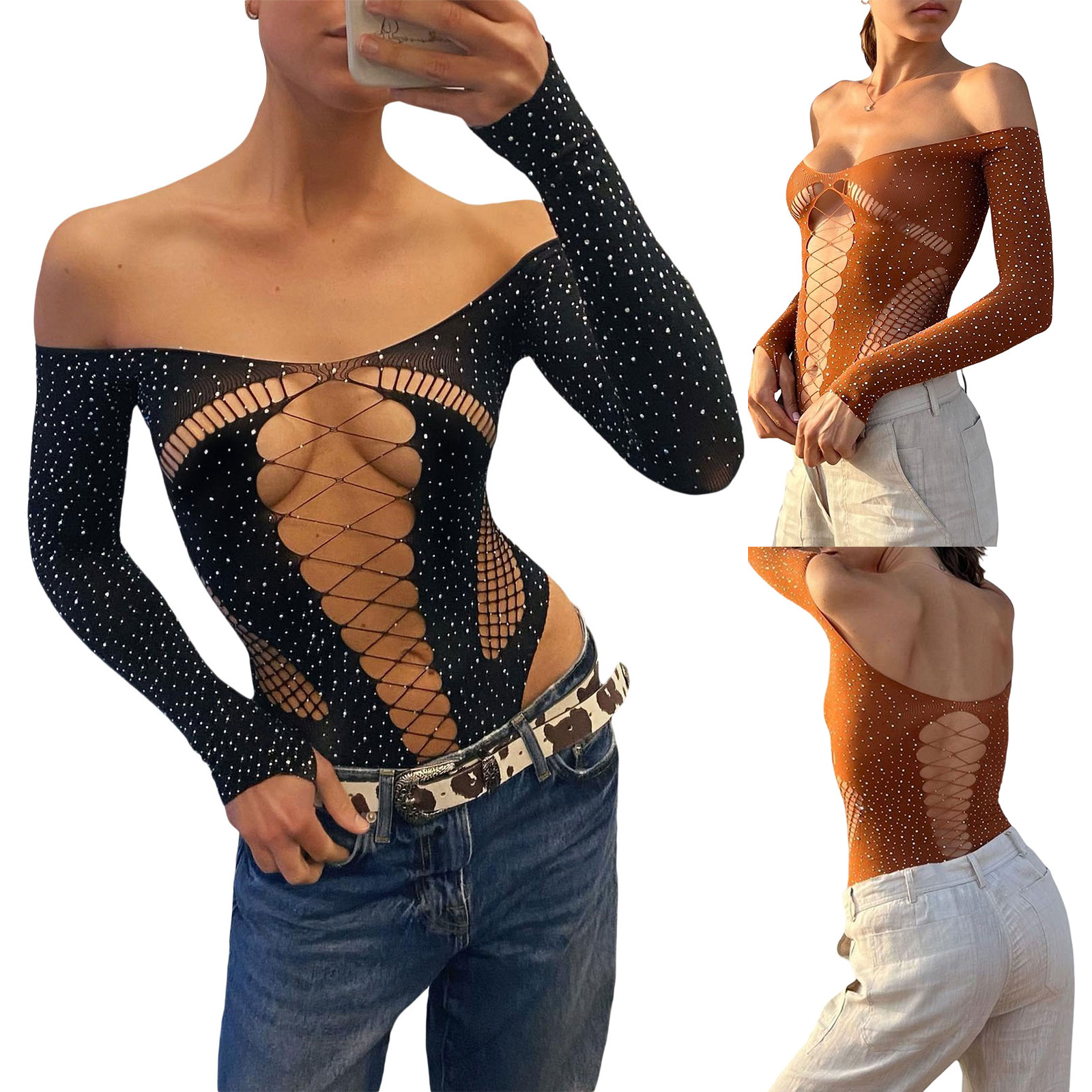 See Through Sparkly Mesh Bodysuit Women Long Sleeve Rhinestone Body Tops Hot Drill Female Party Nightclub Sexy Lingerie