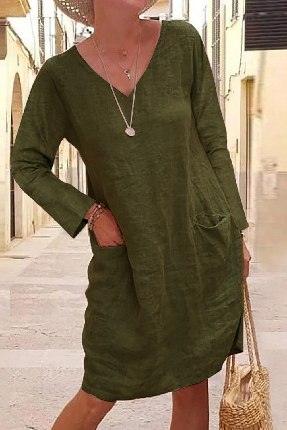 Plus Size Casual Army Green Cotton And Linen Pocket Long Sleeve Midi Dress 2024 - Flycurvy 