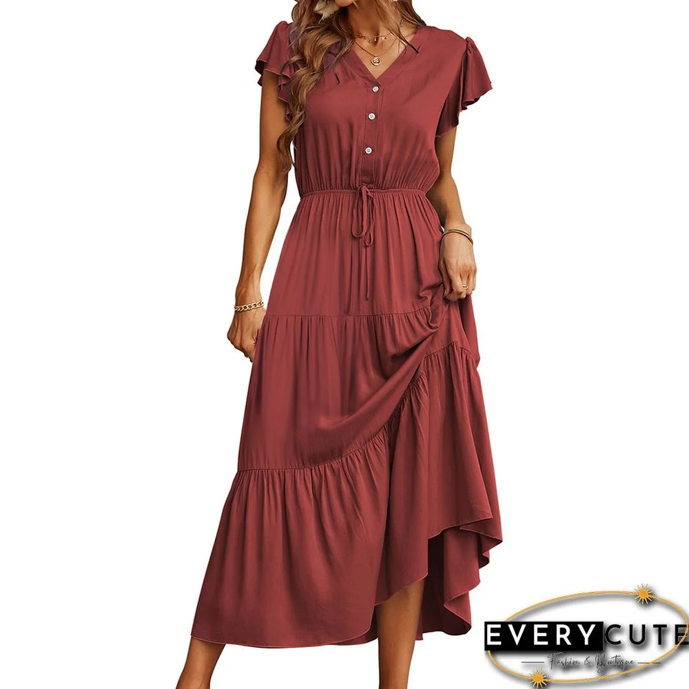 Rust Red Ruffled Sleeves V-neck Drawstring Waist Casual Dress