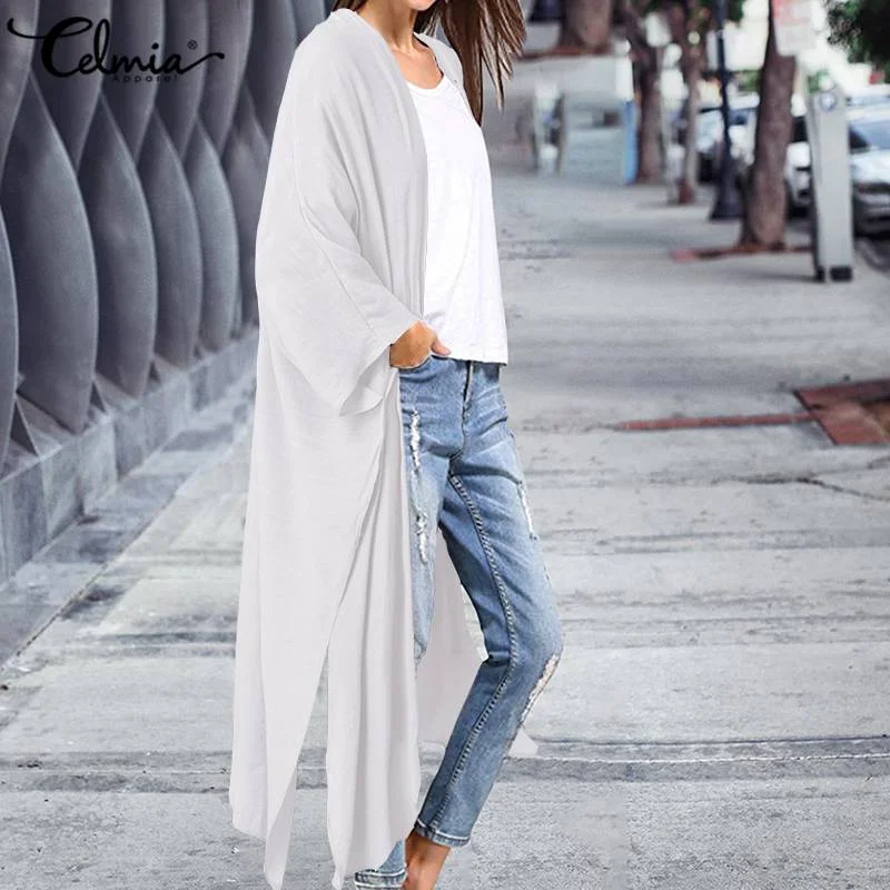 2022 Celmia Oversized Women Vintage Kimono Long Cardigans Summer Long Sleeve Casual Solid Loose Blouses Fashion Beach Cover Up