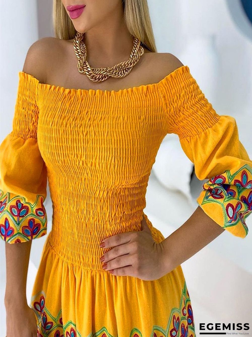 High Waist Style Commuter Loose Print Off Shoulder Dress | EGEMISS