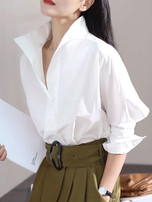 Relaxed Long-Sleeve Solid Color Blouses & Shirts with Lapel Collars
