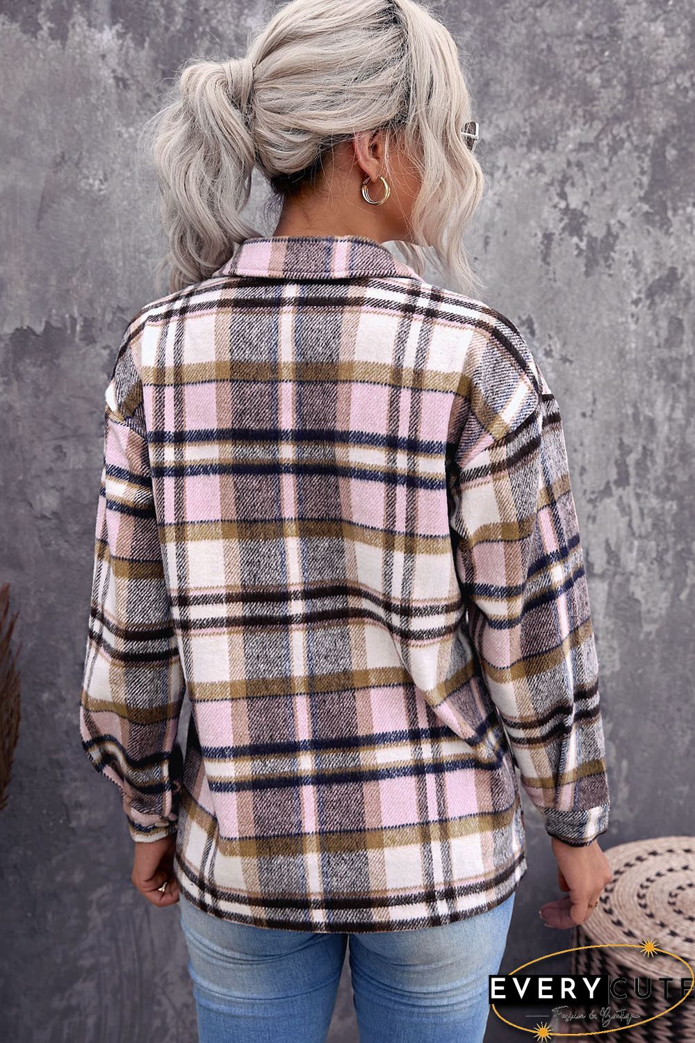 Pink Geometric Plaid Print Pocketed Shirt