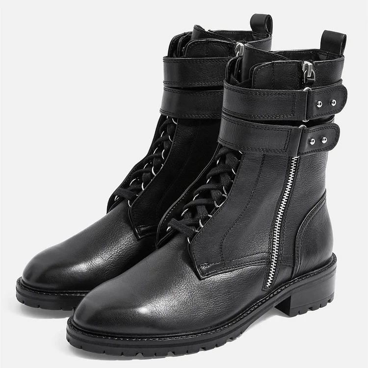 Black Combat Boots Lace Up Buckle Ankle Boots |FSJ Shoes