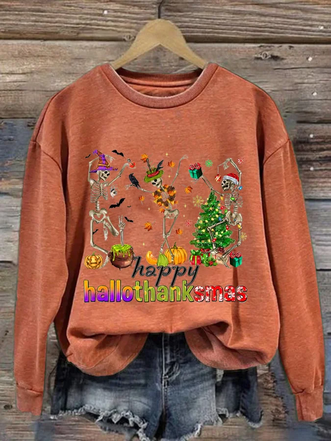 Women's Happy Hallothanksmas Skeleton Print Casual Sweatshirt