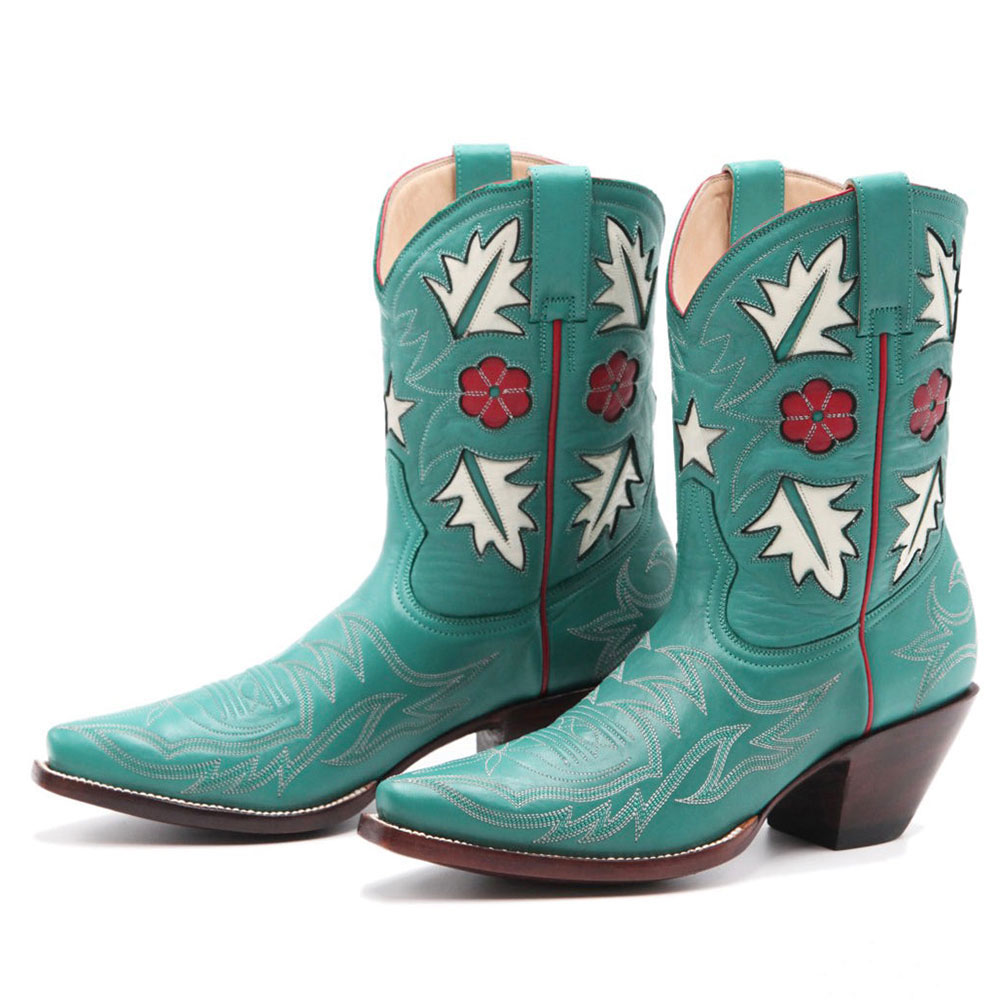 Turquoise Snip Toe Floral Inlay Embroidered Mid-Calf Cowgirl Boots Nicepairs