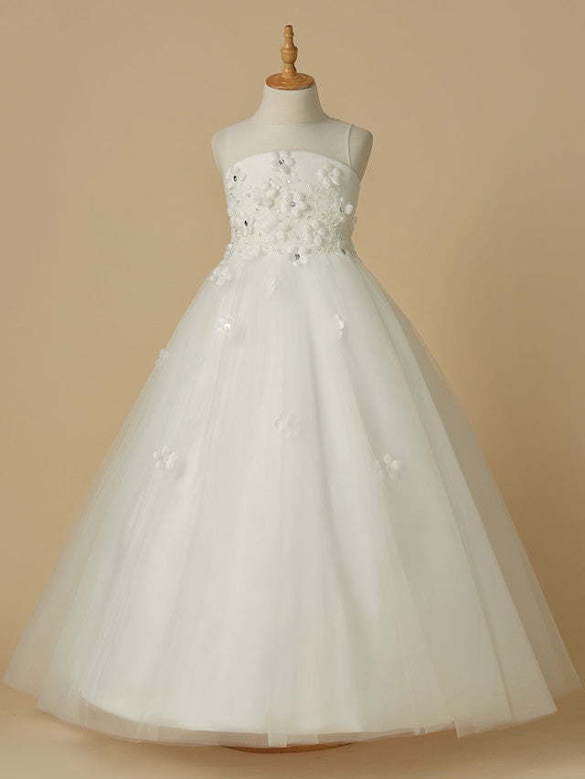 Oknass A-Line Sleeveless Jewel Neck Flower Girl Dresses Satin Tulle With Beading  Flower