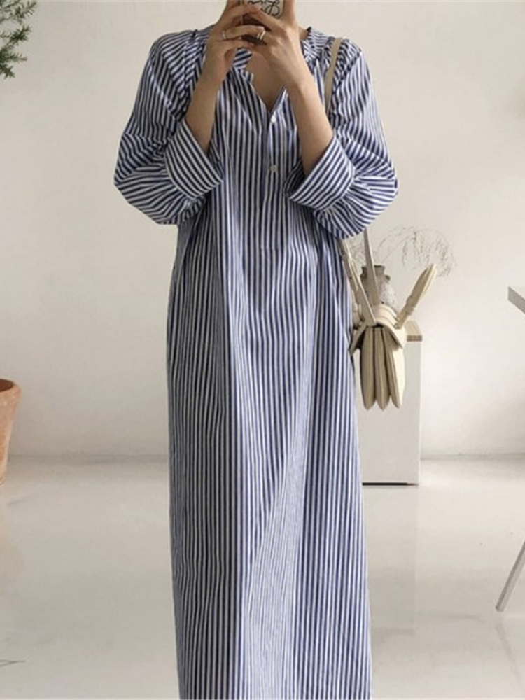 Fashion Stripe Three Quarter Sleeves Loose Casual V-Neck Cotton Dress
