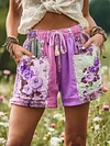 Women's Patchwork Rose Floral Contrast Waist Drawstring Pocket Shorts