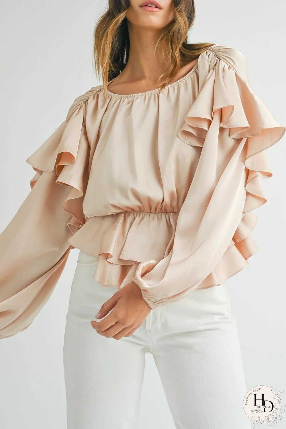 Oatmeal Lace-up Keyhole Back Ruffled Peplum Blouse