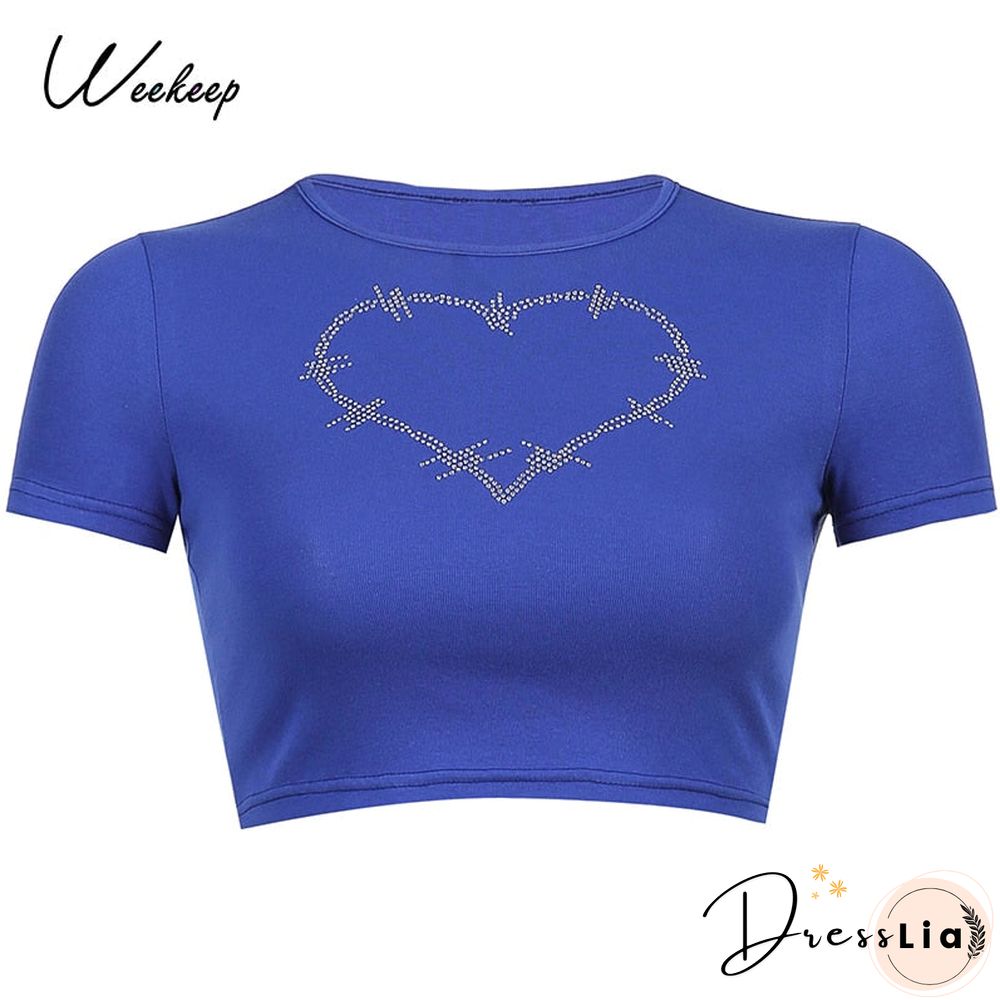 Weekeep Diamonds Patchwork Vintage Slim T-shirt Women Short Sleeve Summer Contrast Harajuku Cropped Tops Cotton Basic Tee Female