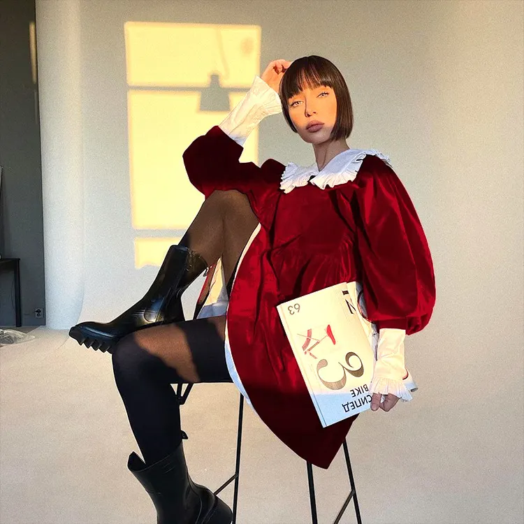 Churchf Churchf New Autumn And Winter Design Sense French Doll Collar Fashion Casual Velvet Little Black Dress Dress Shaggy Skirt Woman