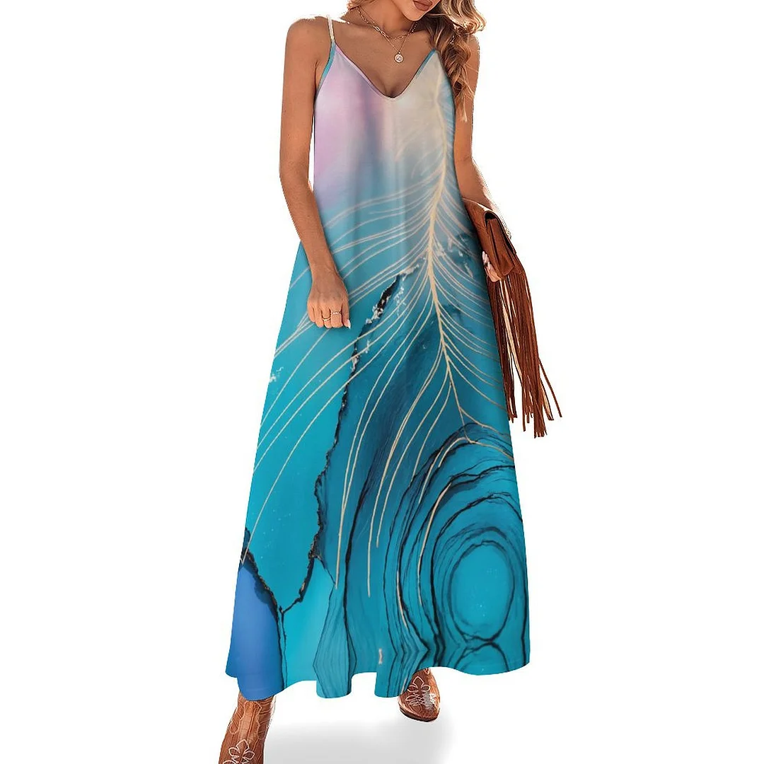 Style & Comfort for Mature Women Plus Size Printed Sling Casual Women Maxi Dress in Pattern Feather, Blue