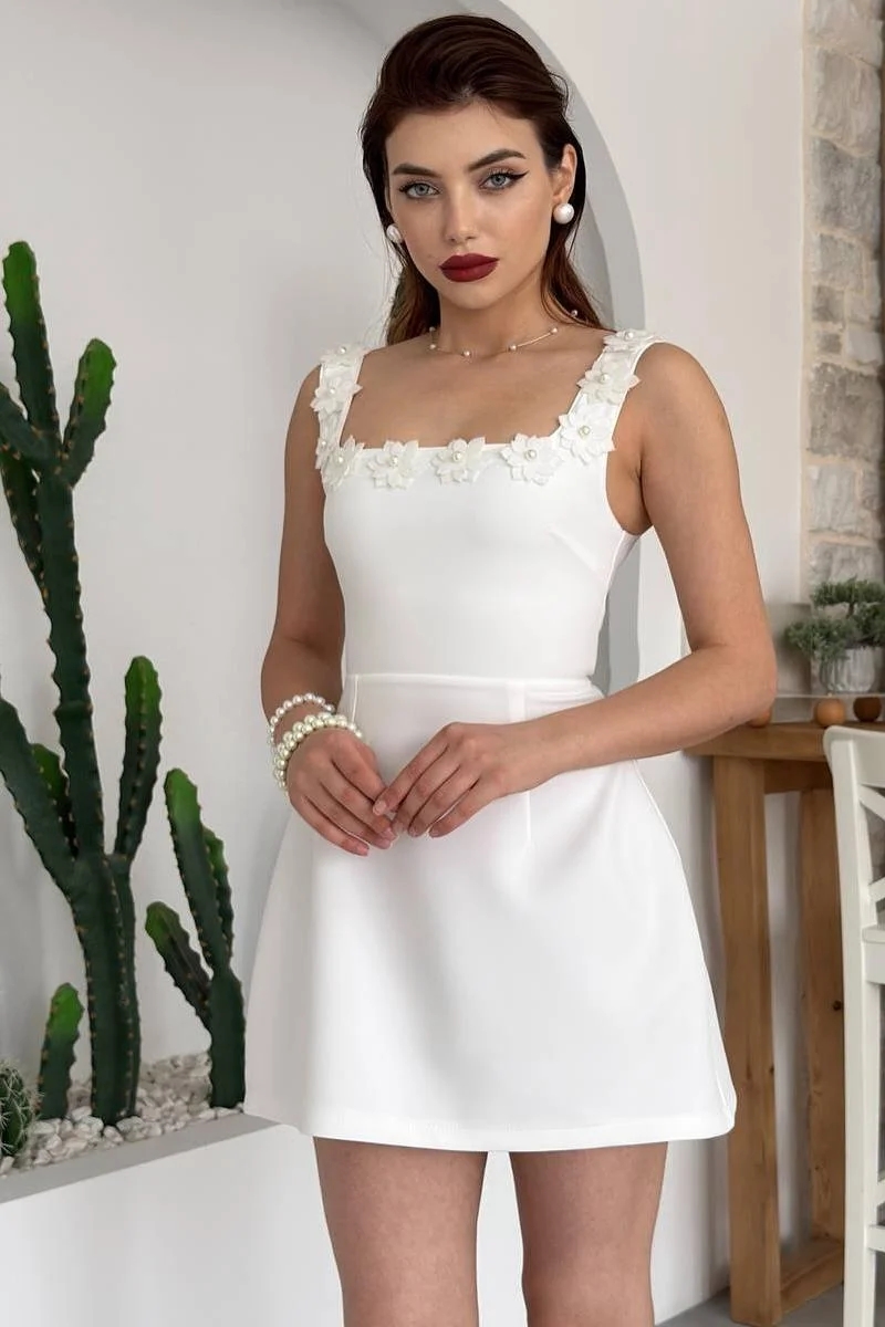 Miabel Chic White Satin Pearl Beaded Sleeveless Floral Applique Short Prom Dress 
