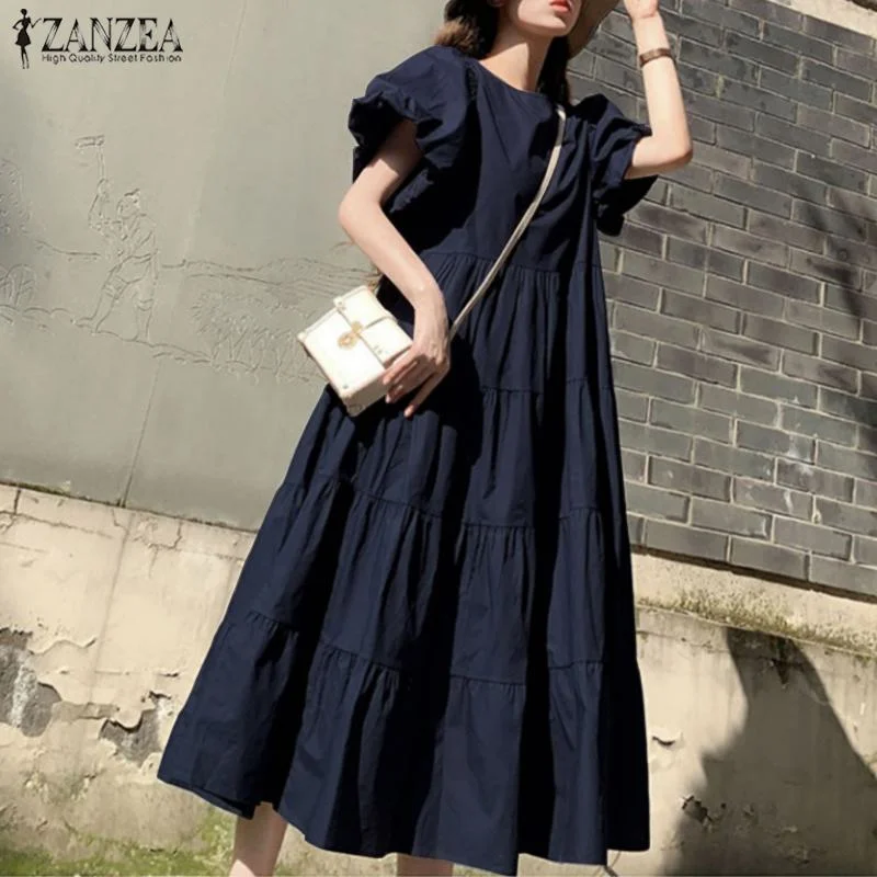 Women Summer Sundress Vintage Short Puff Sleeve Dress ZANZEA Fashion Party Long Vestidos Solid Kaftan Dresses Baggy Robe Femme