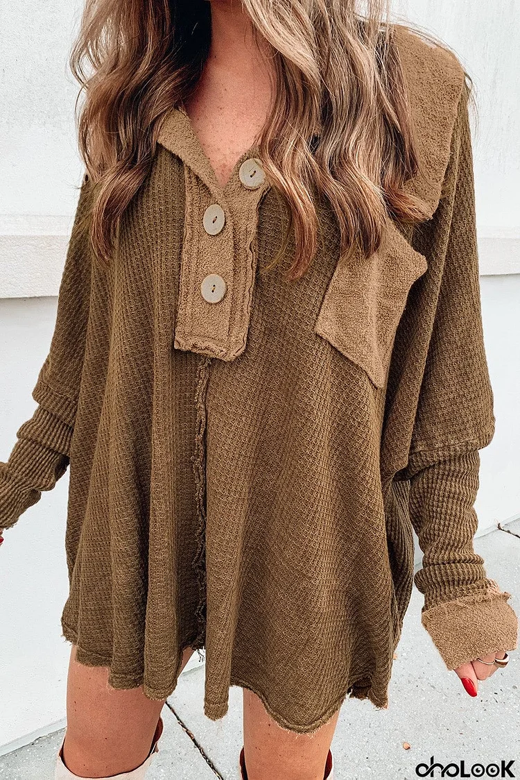 Waffle Knit Buttoned Long Sleeve Top