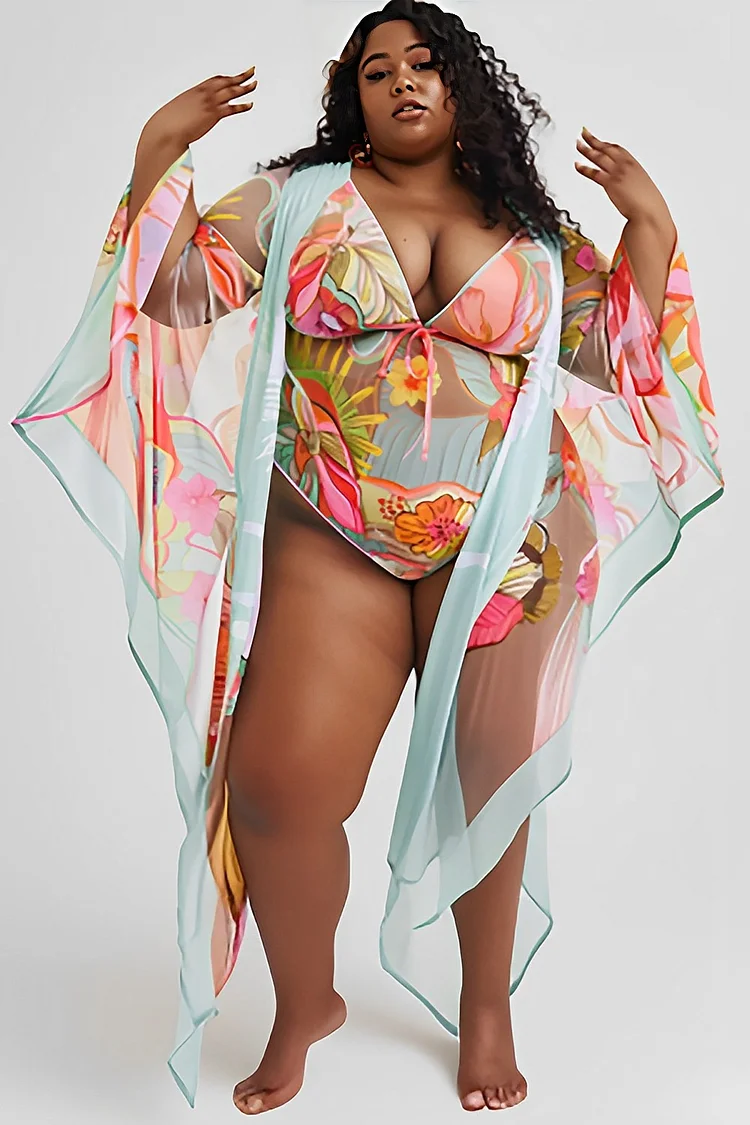 Xpluswear Design Plus Size Beach Light Green Tropical Print V Neck See Through Swimsuit Fabric Two Pieces Swimsuit Cover Ups Set