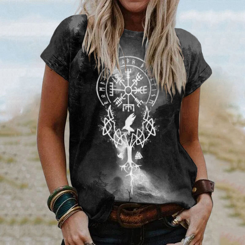 Viking Totem Landscape Print Short-Sleeved T-Shirt