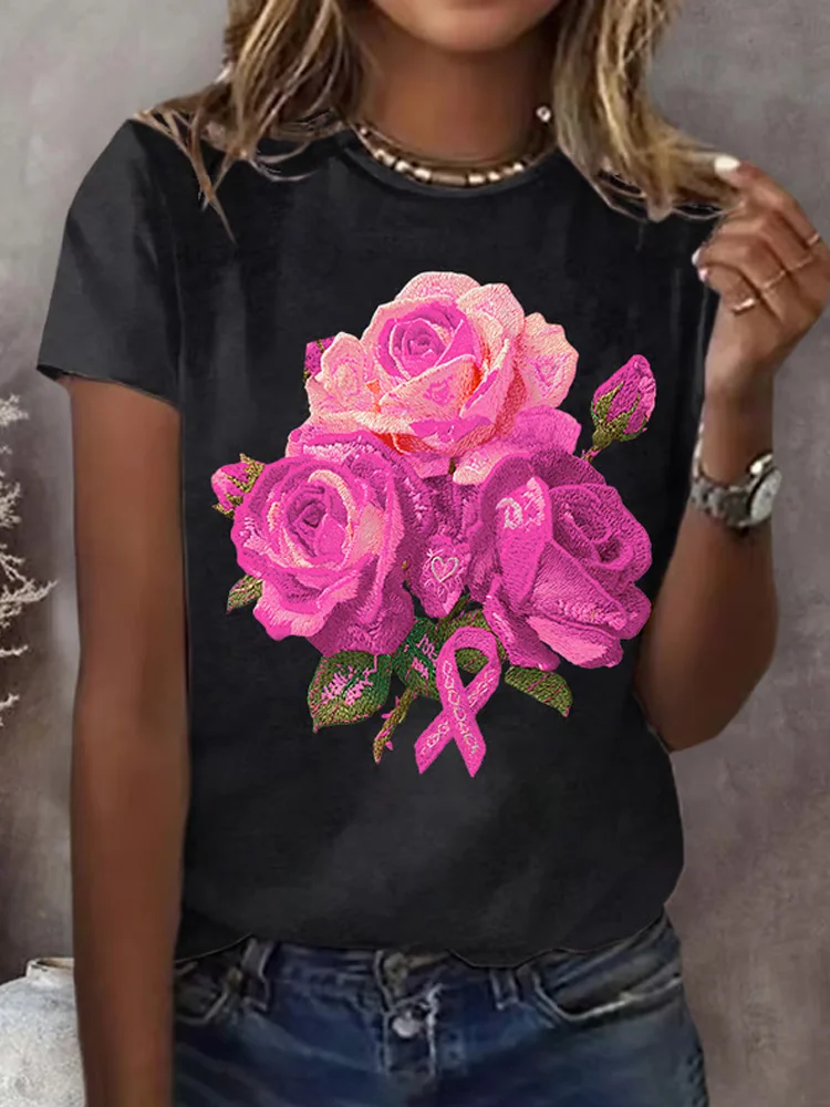 Women's Retro Breast Cancer Floral Pink Ribbon Print Short Sleeve T-shirt