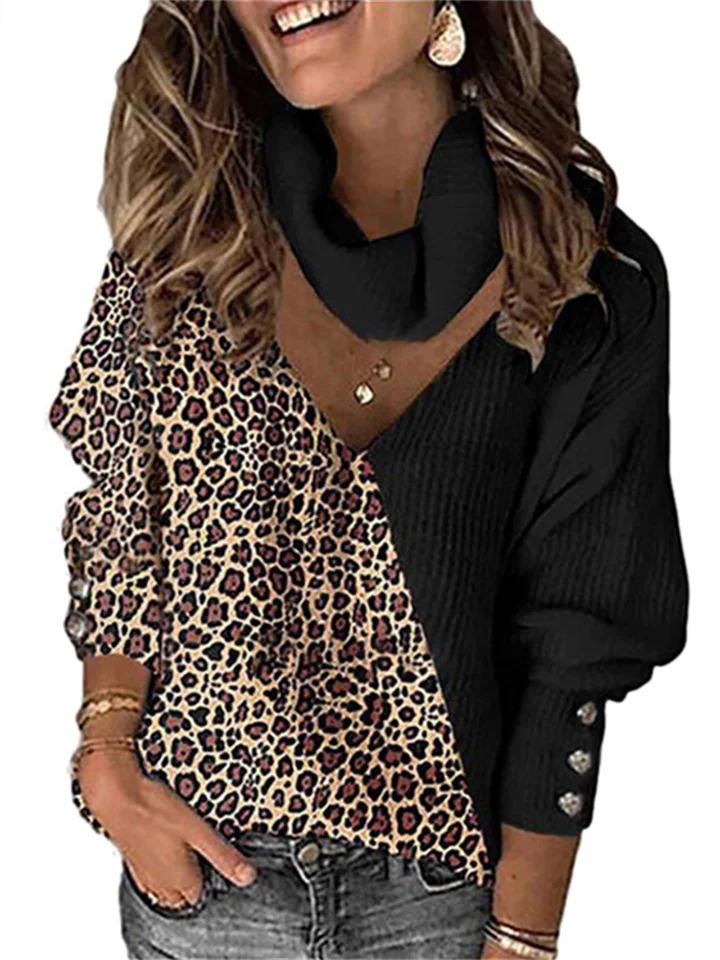 Autumn and Winter New Women's Leopard Print Color Blocking Temperament V-neck Loose Scarf Hollowed Knitwear