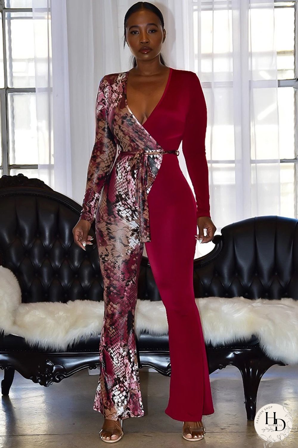 Wine Red Fashion Sexy bandage Patchwork serpentine Print Polyester Long Sleeve V Neck Jumpsuits