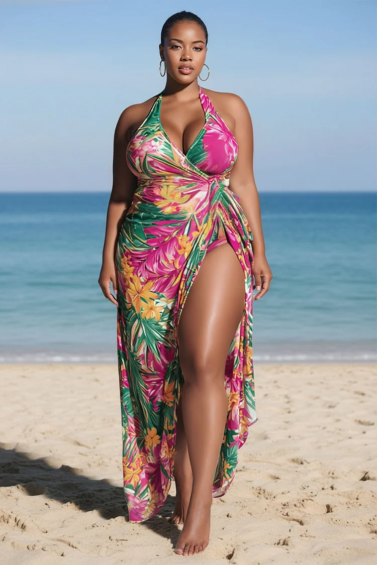 Xpluswear Design Plus Size Beach Multicolor Tropical Print Halter Collar Split Swimsuit Fabric Three Pieces Swimsuit Cover Ups Set [Pre-Order] 2024 - Xpluswear
